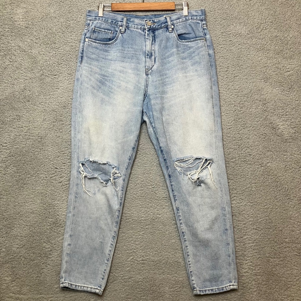 BlankNYC Jeans Women 31 Tapered Distressed Light Denim High Rise Destroyed Shred